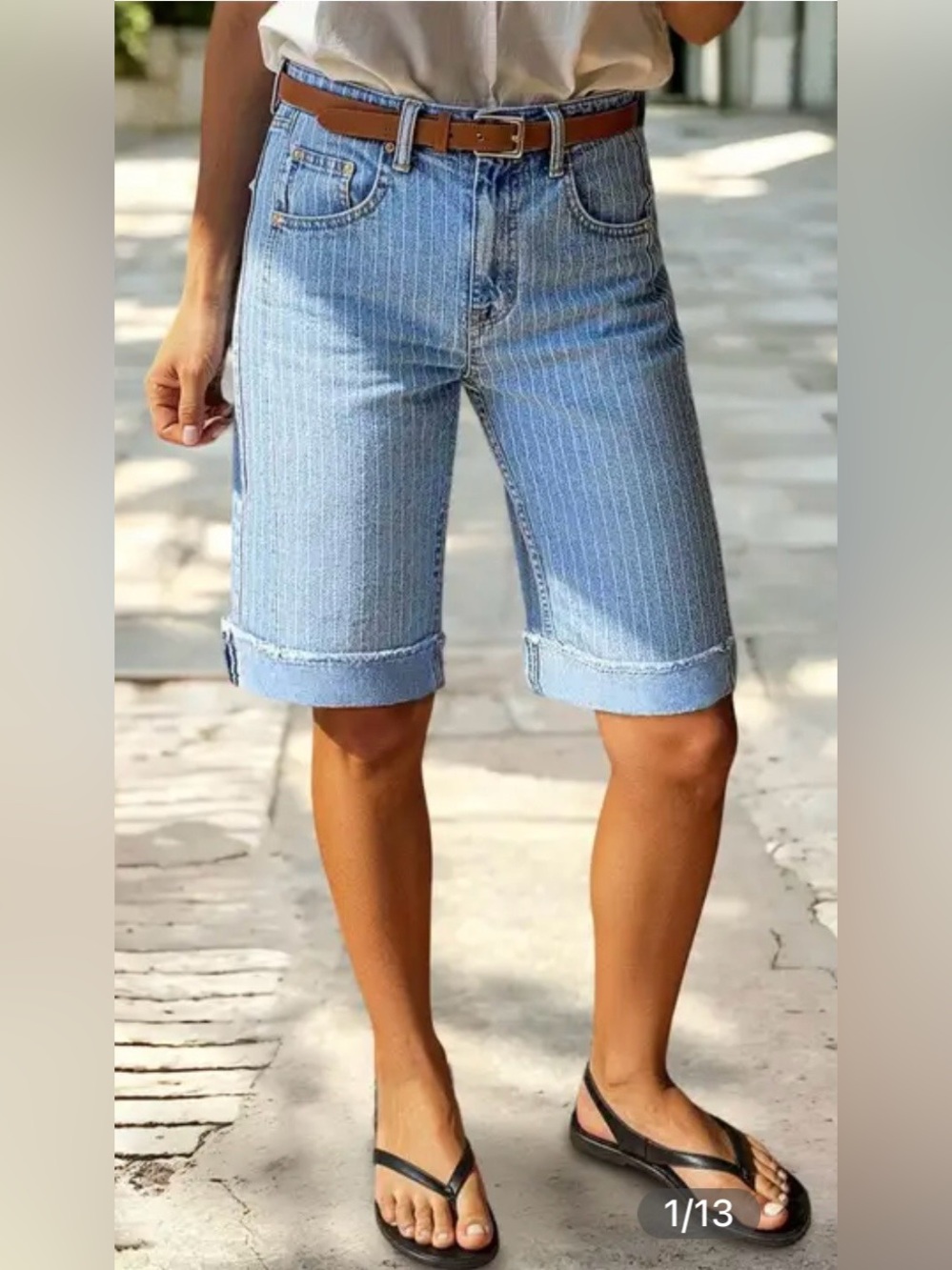 Flamingals Pinstripe Raw Hem Seam Detail High Waist Denim Bermuda Shorts